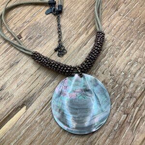 Lia Sophia Harvest Moon Abalone Shell Pendant Beaded Brown Cord Necklace